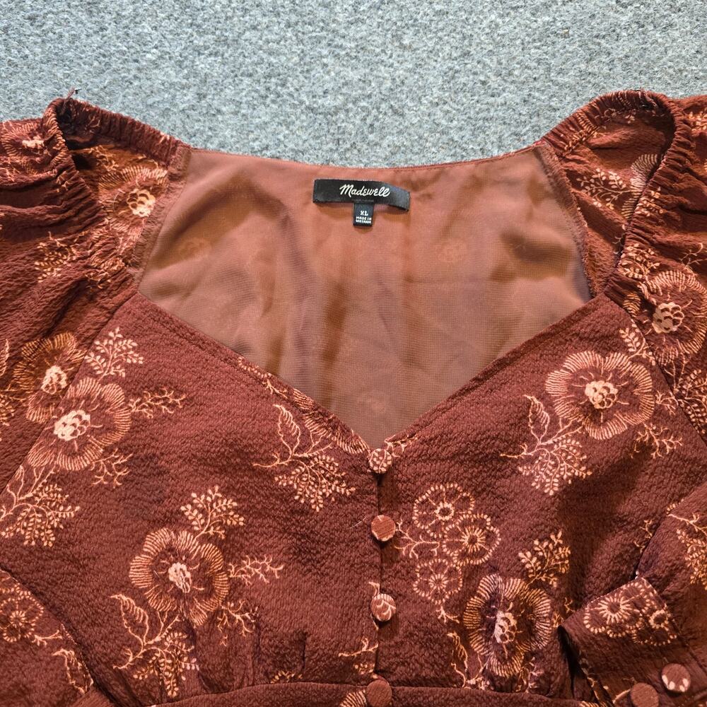 Madewell Top Womens Size XL Orange Floral Cropped Peasant Smocked V Neck Casual - Picture 2 of 9